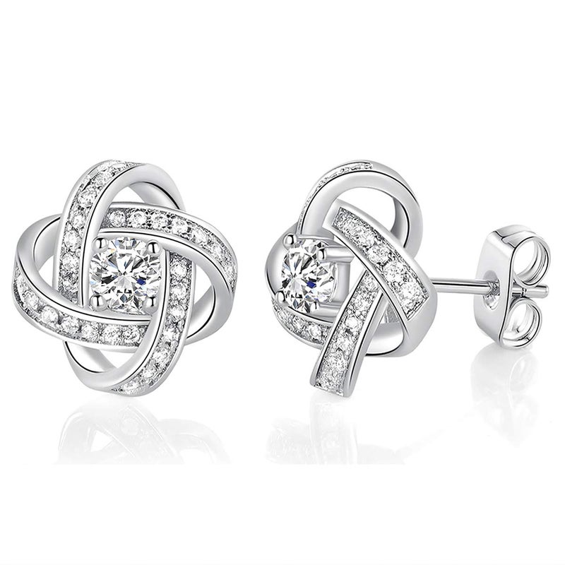 MDFUN Love Knot Earrings 18K White Gold Plated Flower Stud Earrings for Women Cubic Zirconia Earrings - Image 1